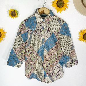 Lemon Grass Floral Paisley 3/4 Sleeved Button Up Cotton Blouse Size Medium Women